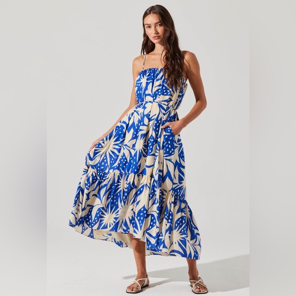 Astr Dresses & Skirts - ASTR the Label Sarina Linen-Blend Maxi Dress in Blue Tropical pattern Size S NWT